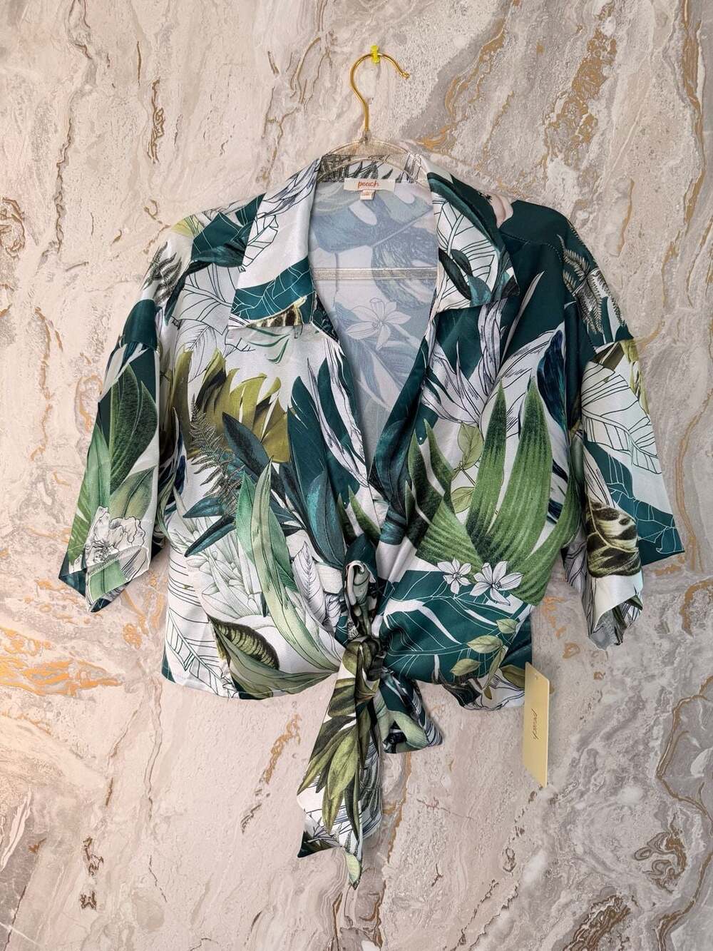Peach Tropical Leaf Print Tie-Front Short Sleeve Blouse